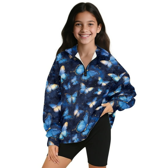 Xoenoiee Blue Butterfly Print Girls Quarter Zip Pullover Oversized Tunic Sweatshirt Drop Shoulder Long Sleeve Shirt Sweater for Kids Teens, 5-6 Years