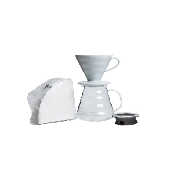 Hario V60 Coffee Pour Over Kit Bundle Set - Comes with Ceramic Dripper, Range Server Glass Pot, Measuring Spoon, and 100 Count Package of Hario 02W C
