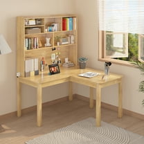 BALANBO L-Shaped Kids Desk with Hutch, Wooden Corner Desk with Bookshelf , Natural