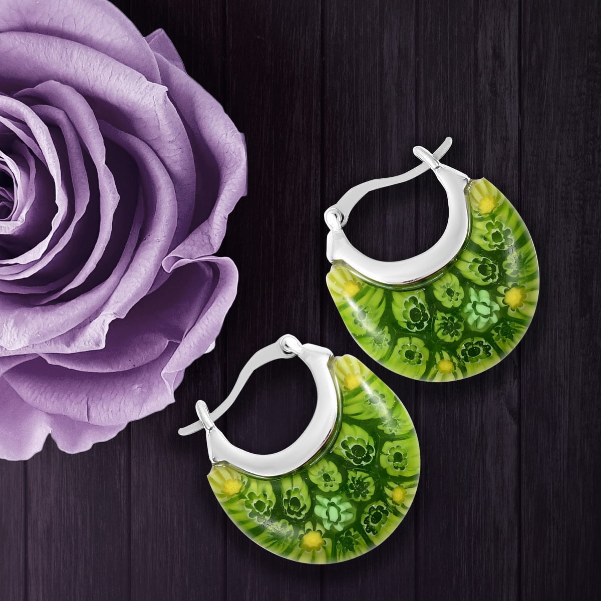 Green Murano Style Glass Hoop Earrings - Drop Dangle Earrings Stainless Steel Fun Daisy Flower Jewelry - Anniversary Engagement Her Ct. 30 Birthday Christmas Gifts