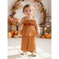 thumbnail image 5 of Loicainy Baby Toddler Kids Girl Halloween Outfit 6 9 12 18 24 Months 2T 3T 4T 5T Pumpkin Embroidery Smocked Tie-up Spaghetti Strap Tops Solid Wide Leg Pants Clothes Set, 5 of 9