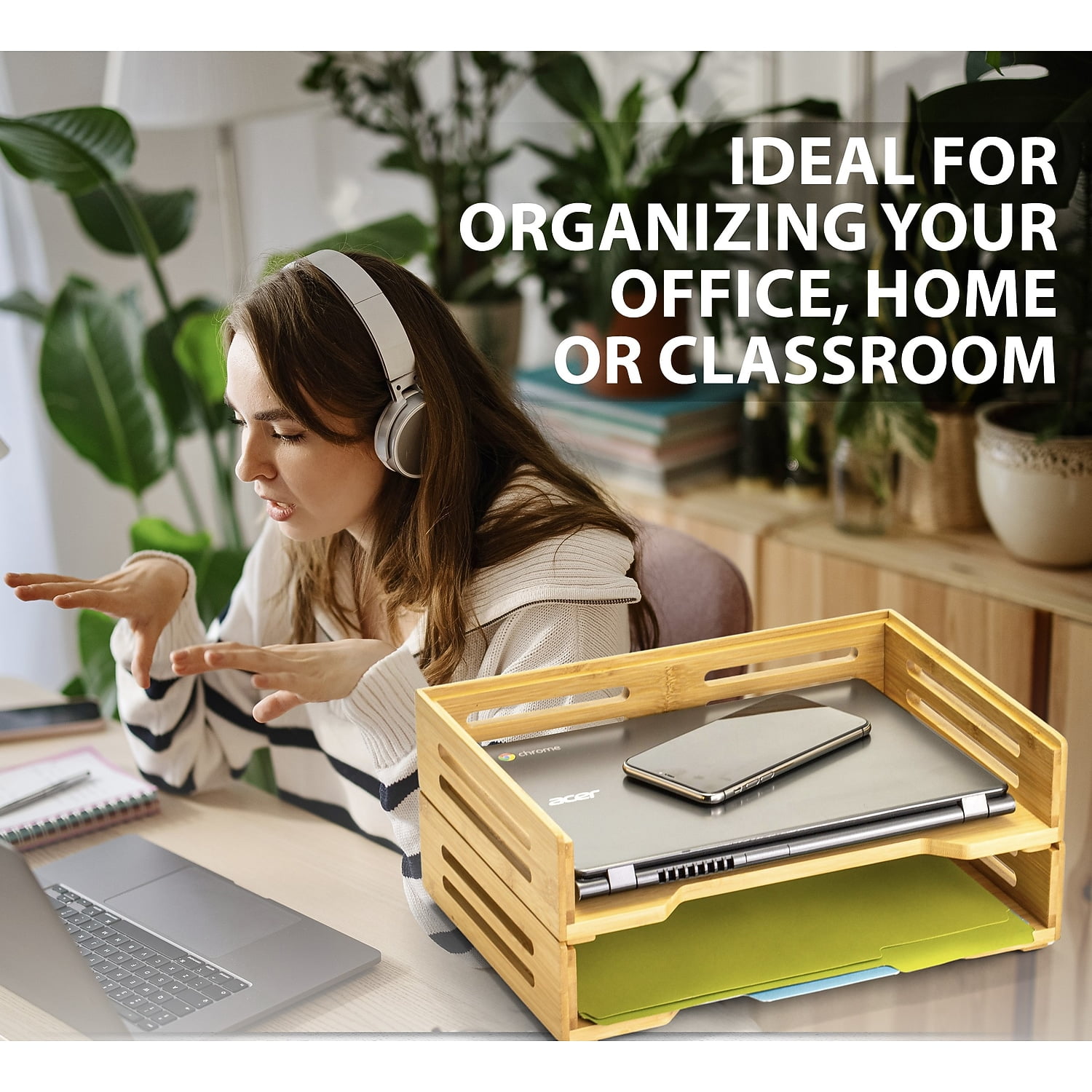 Officemate Bamboo Desk Accessories 2-Compartment Stackable Wood Desk Organizer Natural wood grain