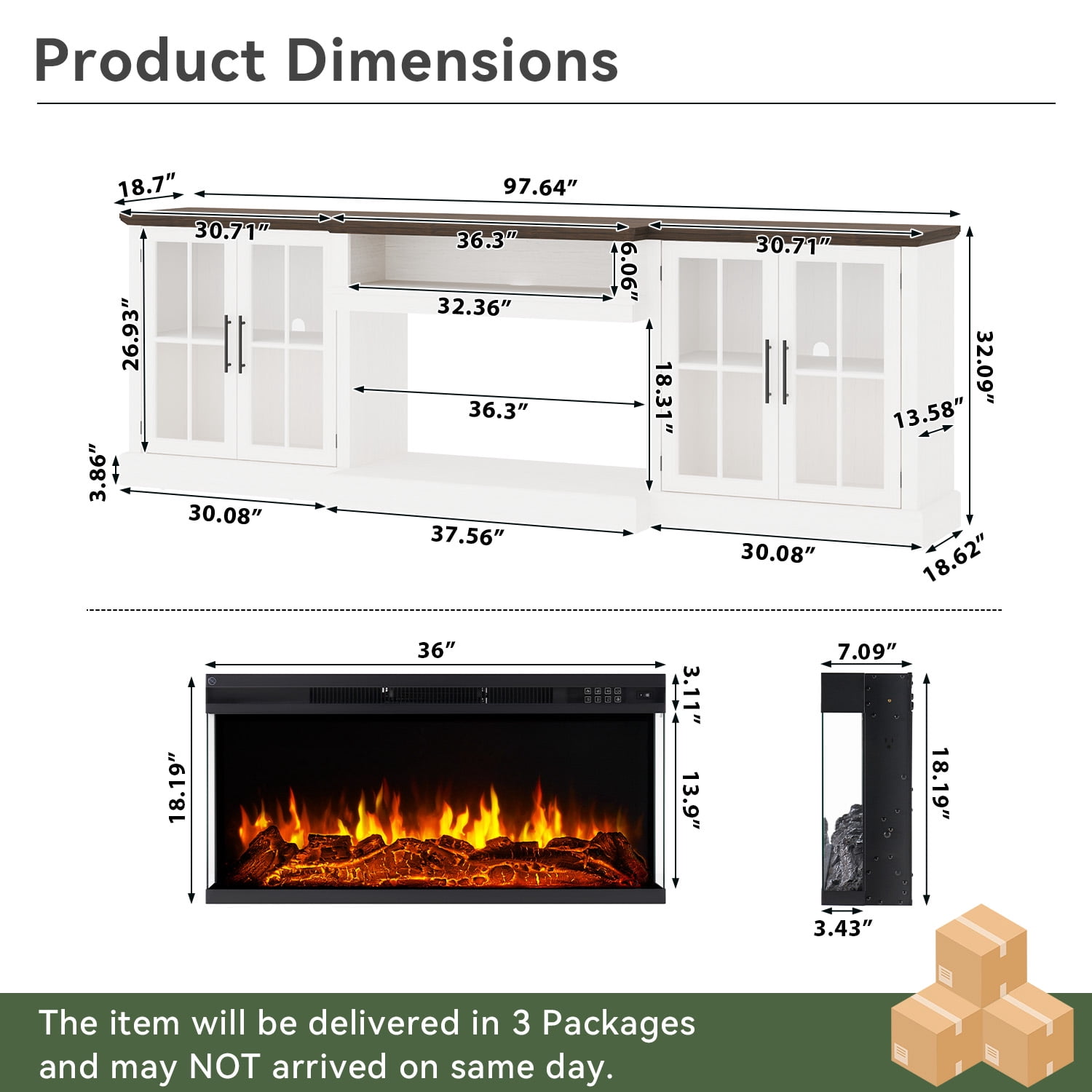 BaPiPro 98" Farmhouse TV Stand with 36" Electric Fireplace, Large Media Entertainment Center for TVs up to 100", Fireplace TV Stand with Storage Cabinets for Living Room, White