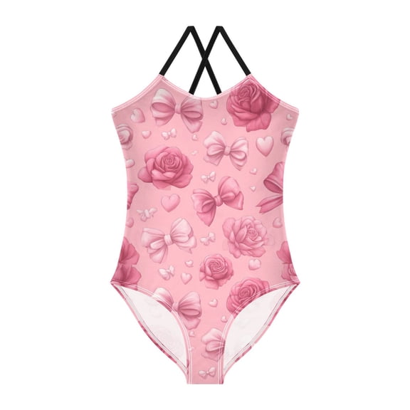 Girls' One-piece Swimsuit Cross Back Bathing Suit Beach Surfing Sizes 3T-10T Roses and Bows Patte