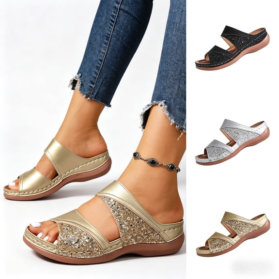 Women's Sandals Open Toe Wedge Slide Sandals,Comfort Glitter Orthopedic Slip On Slippers, Casual Summer Beach Arch Support Sandals for Women