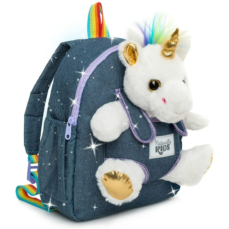 Naturally KIDS Medium Unicorn Backpack - 5 6 7 Year Old Girl Gifts - Kids  Backpack for Girls Boys Age 4 w Stuffed Animal - Toys for 3 Year Old Girls  - Backpack w White Unicorn 