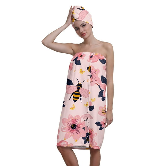 Colevkie Women 2 Pieces Bath Wrap Set Shower Skirt Hair Drying Cap for Bathroom Sauna Beach Quick Drying Absorbent Soft Bath Towel Shower Cap Printed Bees and Flowers Pattern