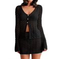 thumbnail image 4 of Womens Crochet 2 Piece Cover Up V Neck Bell Sleeve Button Cardigan Sheer Mesh Beach Mini Skirt Coverup Set, 4 of 5