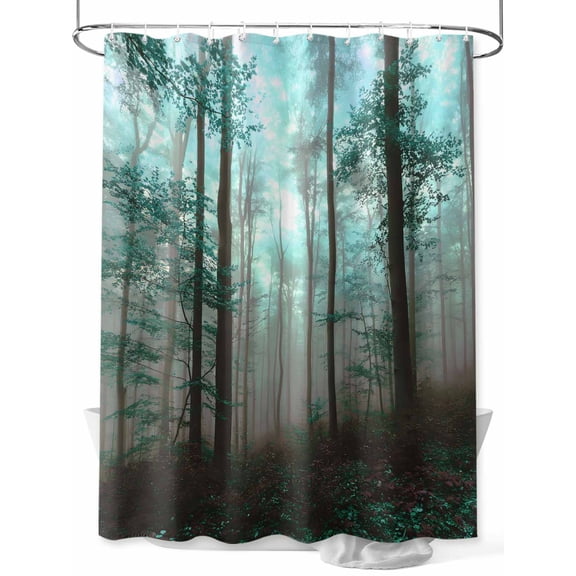 Shower Curtain Teal Blue Foggy Forest Bathroom Curtains with Hooks, Waterproof Fabric Misty Forest Trees Nature Bath Shower Curtains Set for Bathroom Bathtubs Decor 36x72 Inch