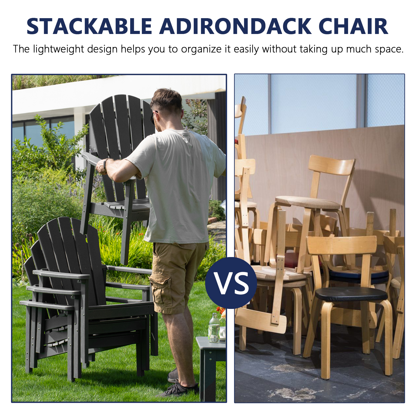 Cobiod Stackable Adirondack Chairs Set of 4, HDPE All-Weather Patio Chairs, Wood Grain Ergonomic Outdoor Chairs, Grey