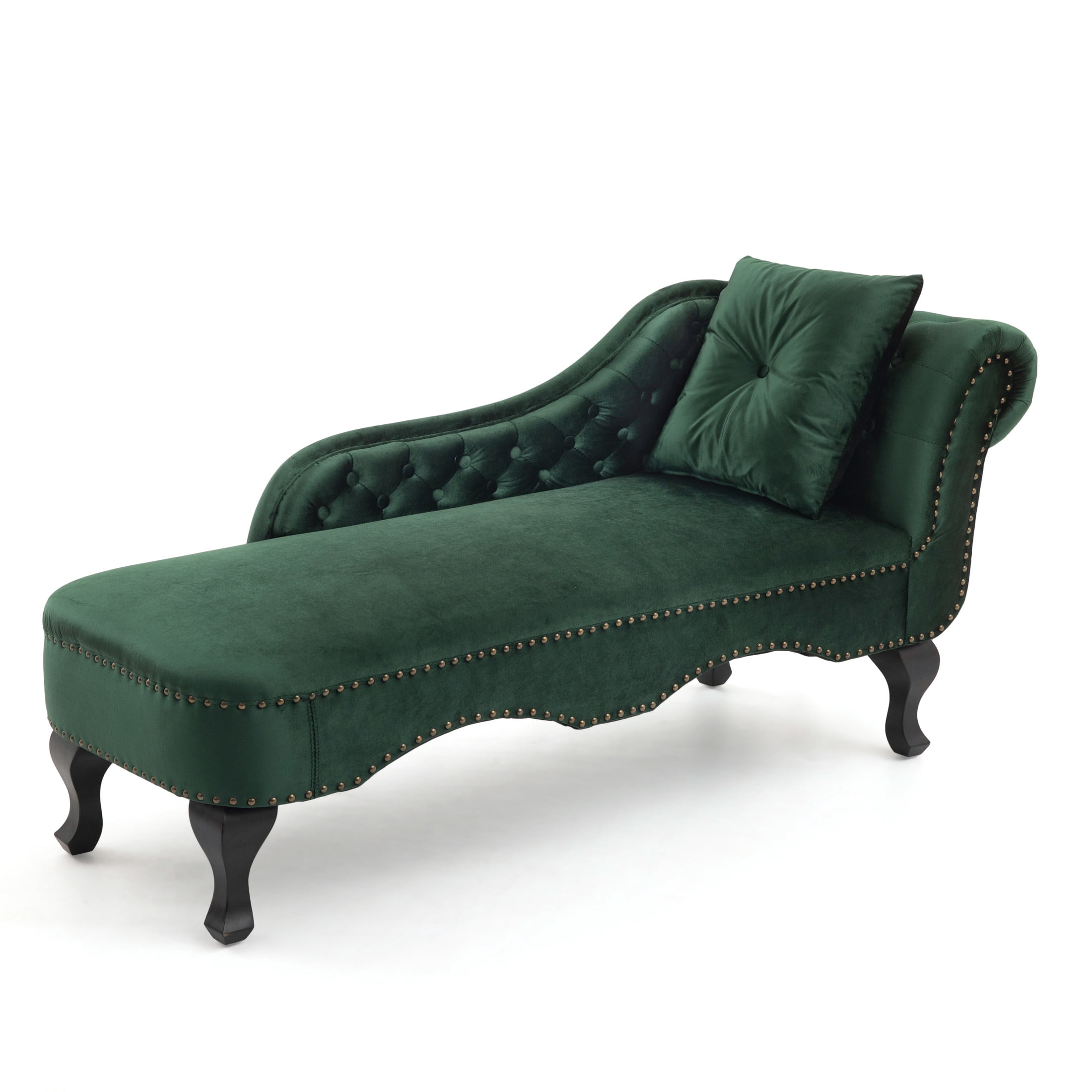 Christopher Knight Home 62" Luxury Velvet Chaise Lounge Bench with Pillow, Right Scrolled Backrest & Nailhead Trim, Green
