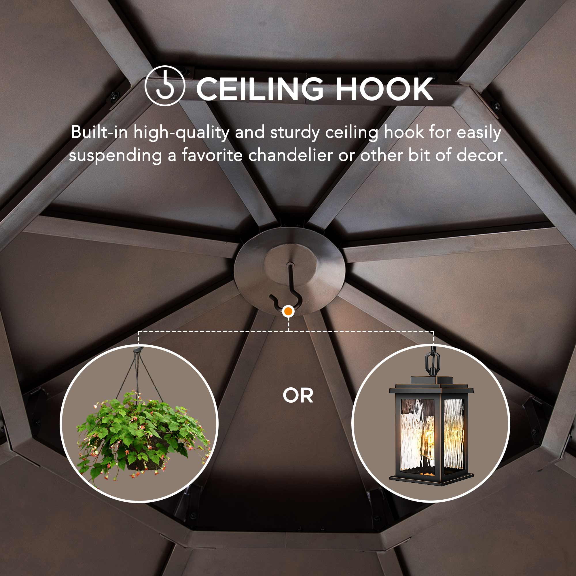 Sunjoy Gazebo Octogonal en Bois de Cèdre de 4 x 4 m (13 x 13 pi) avec toit Rigide en Acier Brun à Double Niveau et Crochet de Plafond Pour Jardin ou Cour Arrière