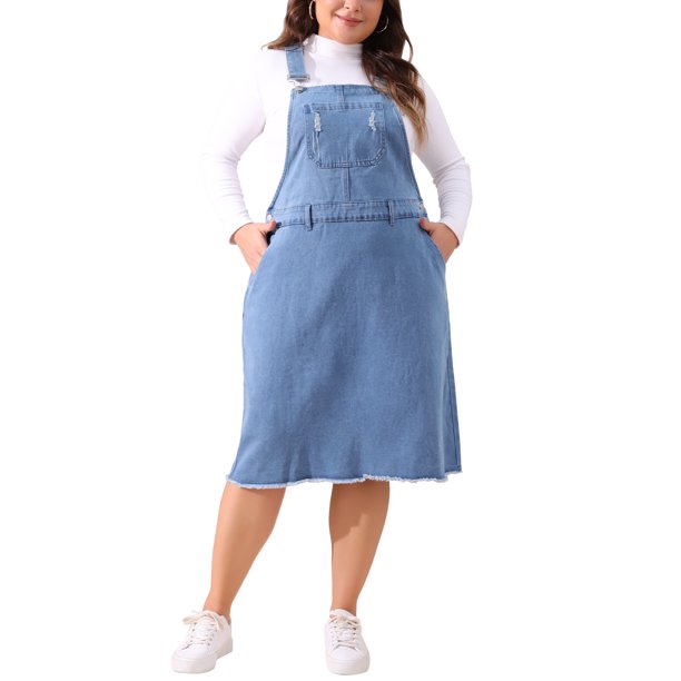 Falda de mezclilla para mujer de tallas grandes Agnes Orinda, con tirantes de tirantes, estilo desgastado, vestido de mezclilla 3X azul claro