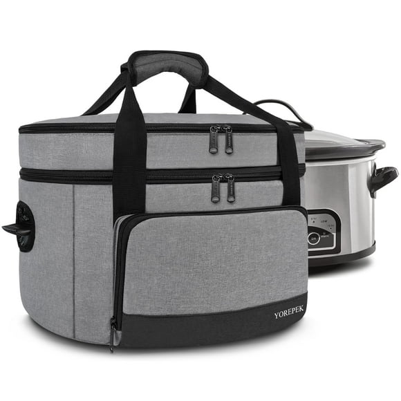 YOREPEK 2 Layer Slow Cooker Carrier, Compatible with 6, 7, 8 Quart Crock-Pot, Insulated Large Slow Cooker Travel Bag with Bottom Pad Lid Fasten Straps, for Family Gatheri