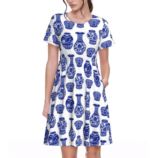 Balery Blue Vases Vestidos sueltos de manga corta para mujer, vestidos de verano 2025, vestidos casuales de corte A con vuelo.