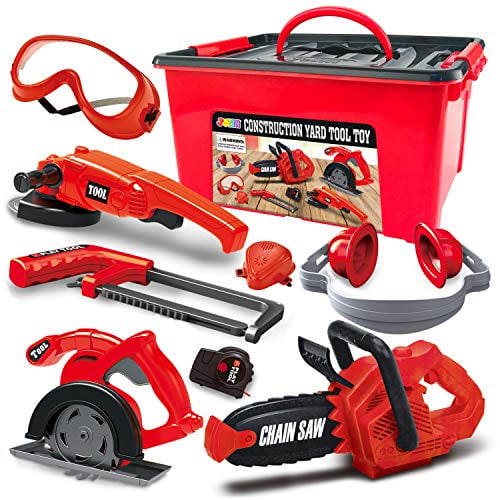 JOYIN 8 Pieces Construction Tool Toy Playset Power Backyard Constructions Tool Kit Pretend Playset Including Realistic Toy Chainsaw in Convenient Storage Box