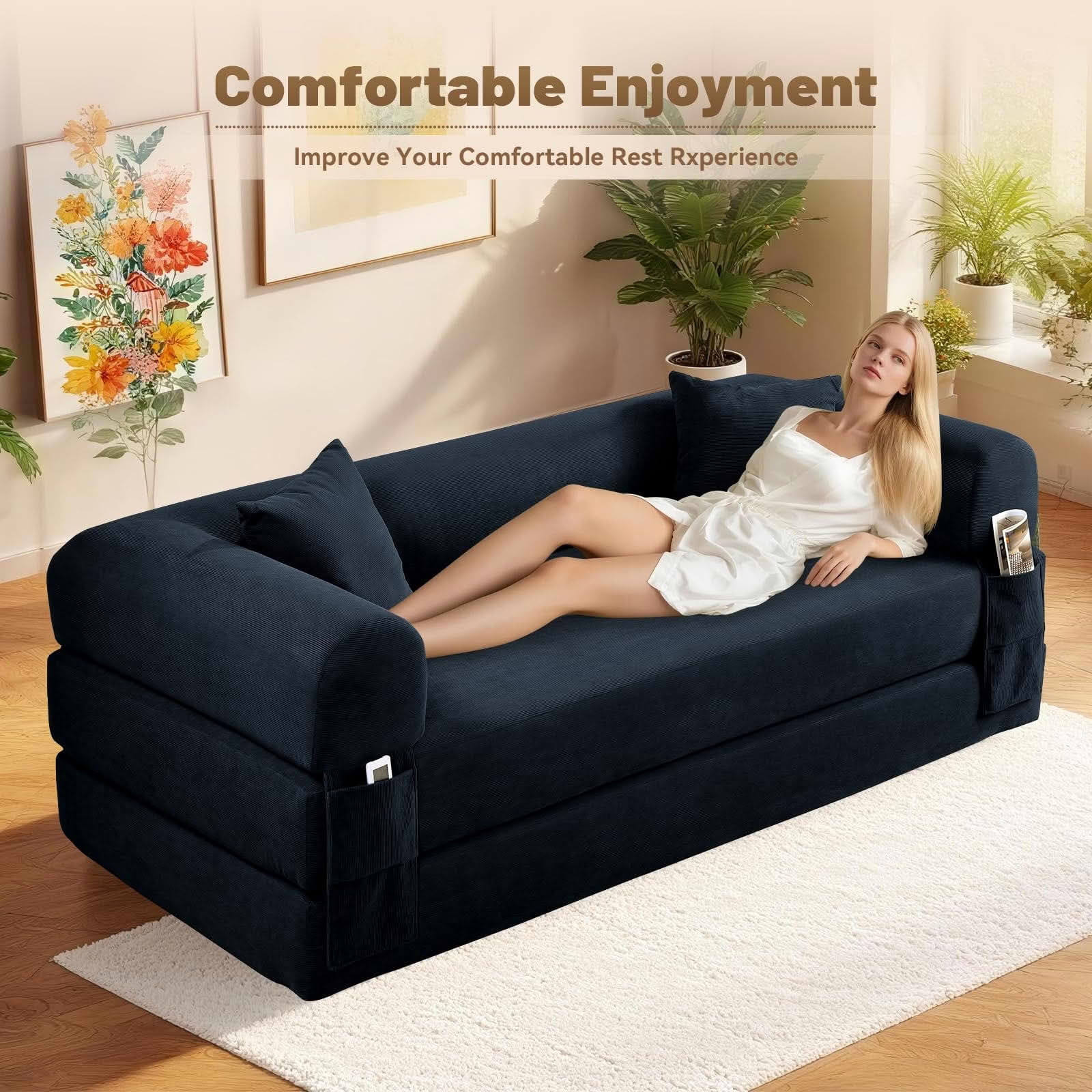 MAYEERTY 80" Dark Blue Corduroy Convertible Sofa Bed, 600lbs Queen Size Fold Out Sleeper Couch with Storage & No Assembly for Living Room