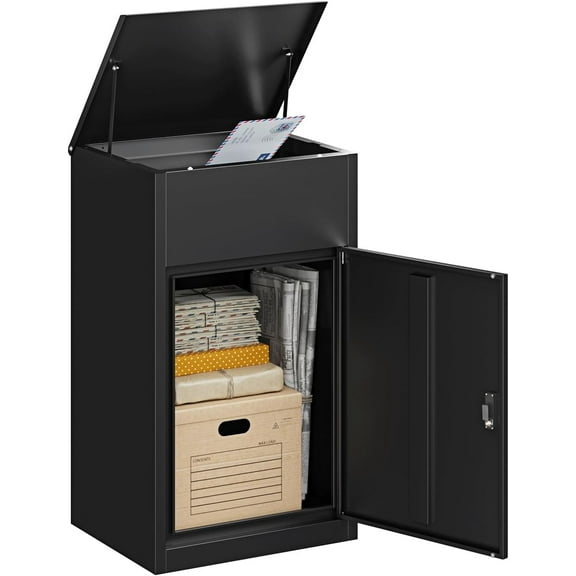 Fesbos Lockable Package Drop Box, Metal Package Delivery Box, Large Outdoor Storage Boxes Cabinet, Waterproof Anti-Theft Baffle Design, H41.3" x W19.7" x D16.1", Black