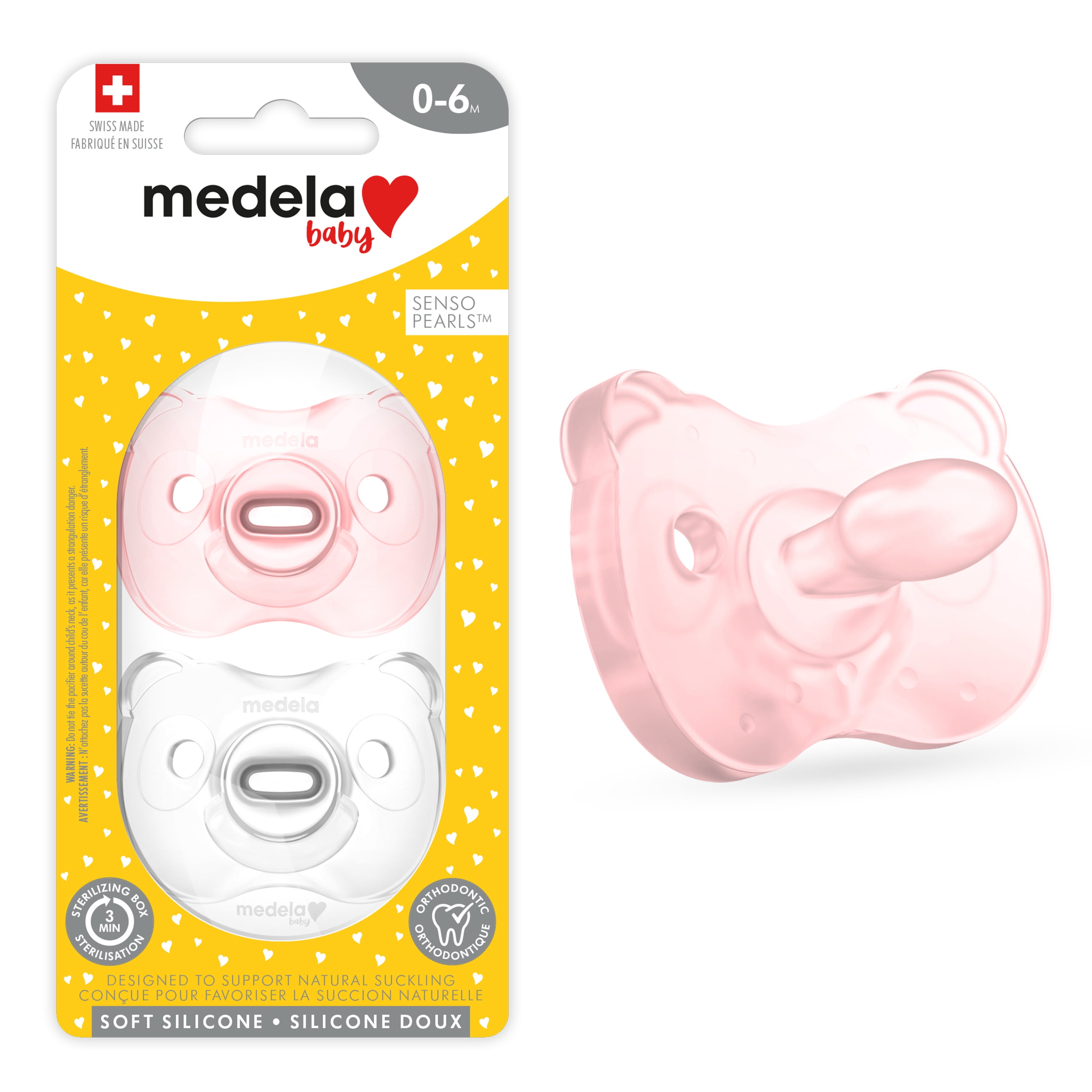 Medela Baby Pacifier, Pink and Clear, 0-6 Months with Sterilizing Case, 2-Pack, Soft Silicone, BPA-Free, Designed for Breastfeeding Babies, Supports Natural Suckling