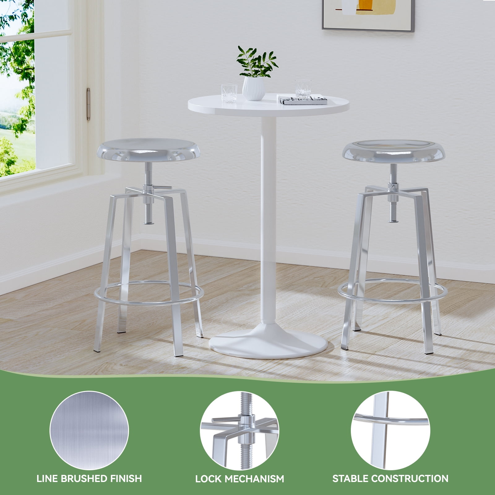 Industrial Bar Stools Set of 2, Metal Adjustable Swivel Four Legged Round Barstools, Atlas Backless Counter Height Bar Chairs for Kitchen Dining, Silver