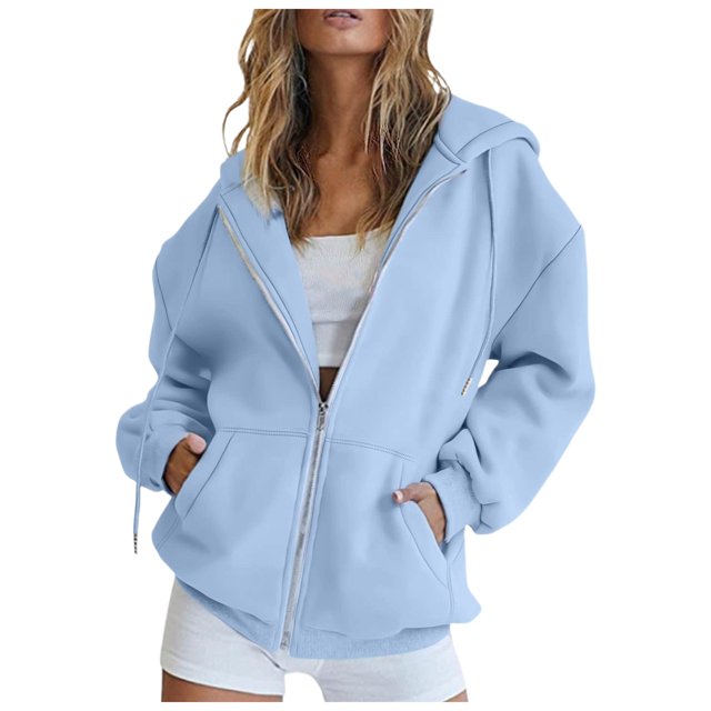 WEIYLL Women Tops Zipper Hooded Coat Pocket Sweatshirt Solid Long Sleeve Blue Top Sizes S
