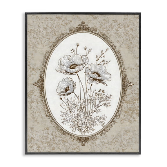 Stupell Industries Traditional Vintage Floral Sketch of Poppies Black Framed Giclee Art, 11 x 14, by Ink Drop Loft