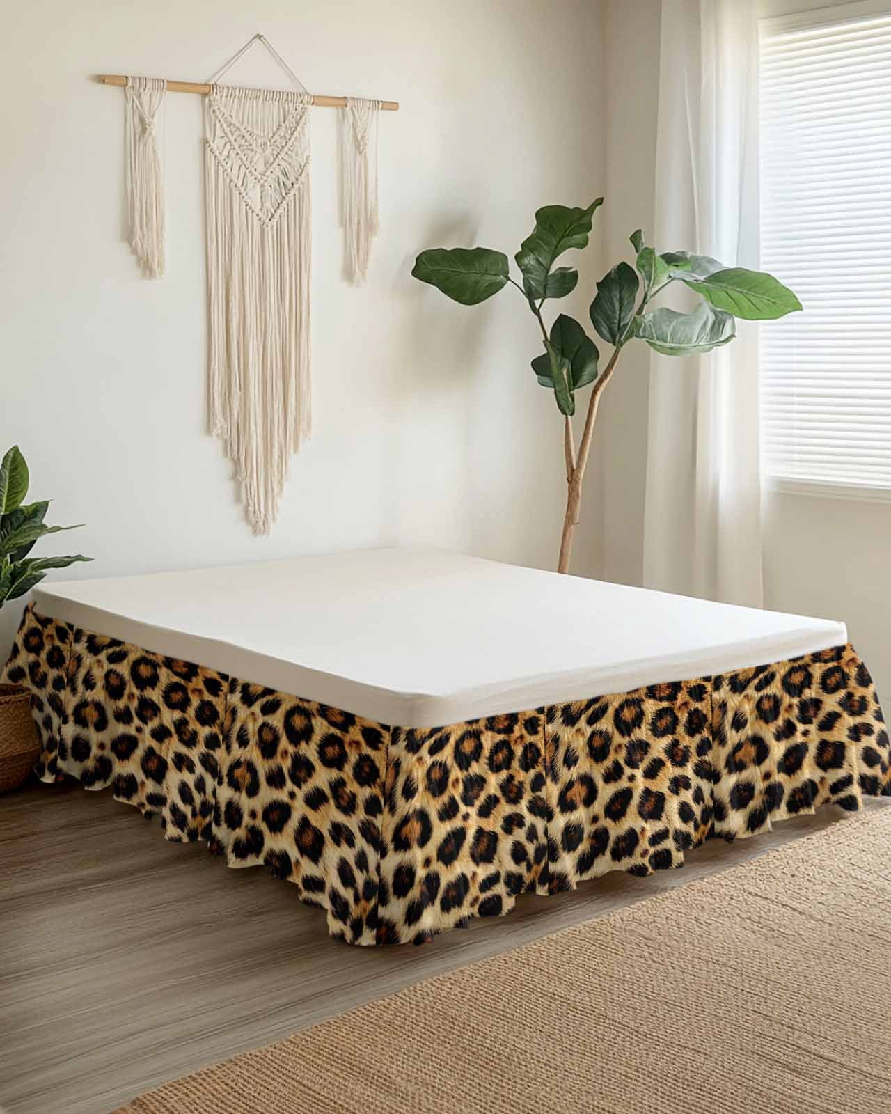 Fashion Wild Style Bed Skirt King Size 18" Drop Vintage Brown Leopard Print Ruffled Wrap Around Bed Skirts Adjustable Elastic Bedskirt Dust Ruffle for King Size Bed