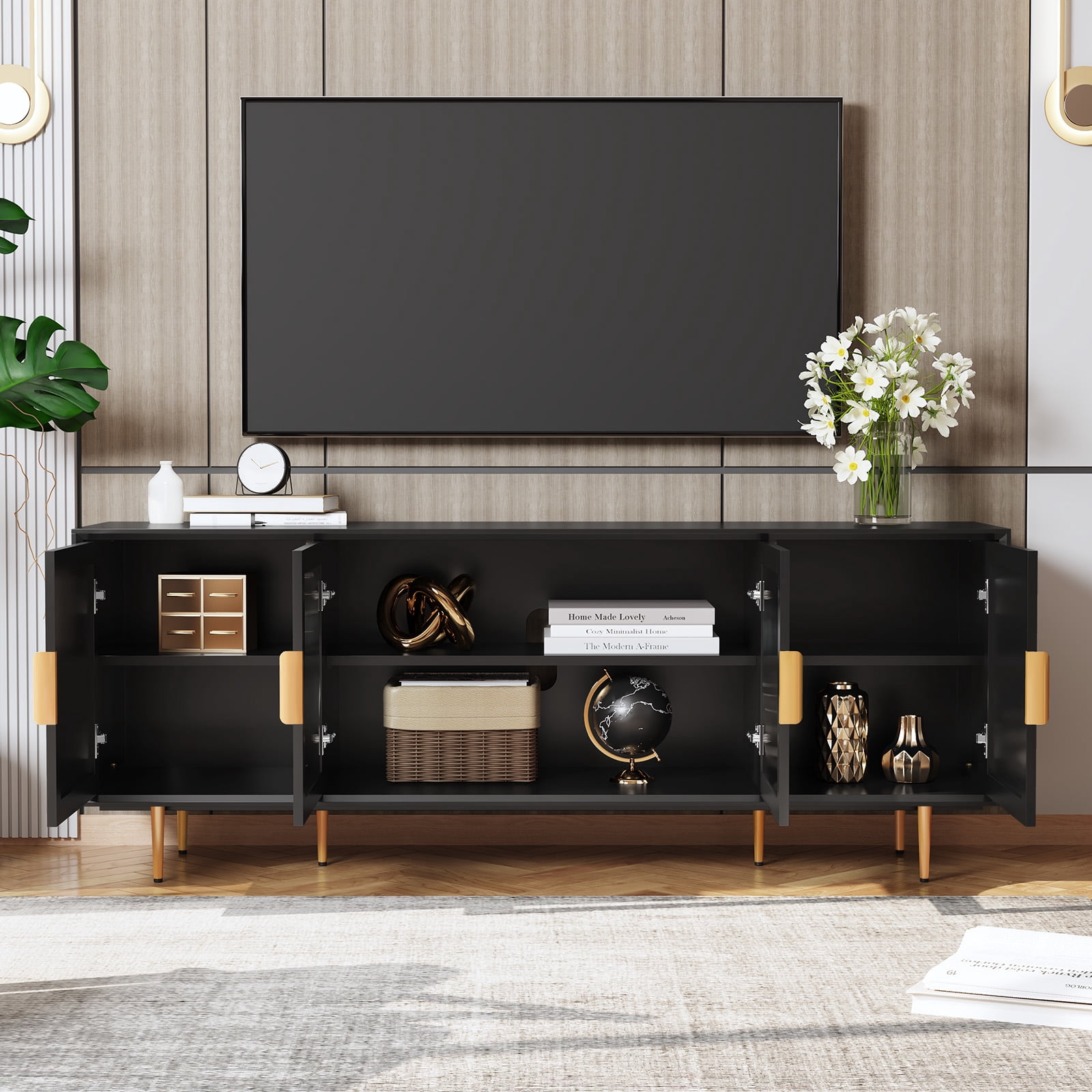 CBJCBJ 66" TV up to 75" Stand for Living Room, Entertainment Center with Glass Storage Cabinet,Black