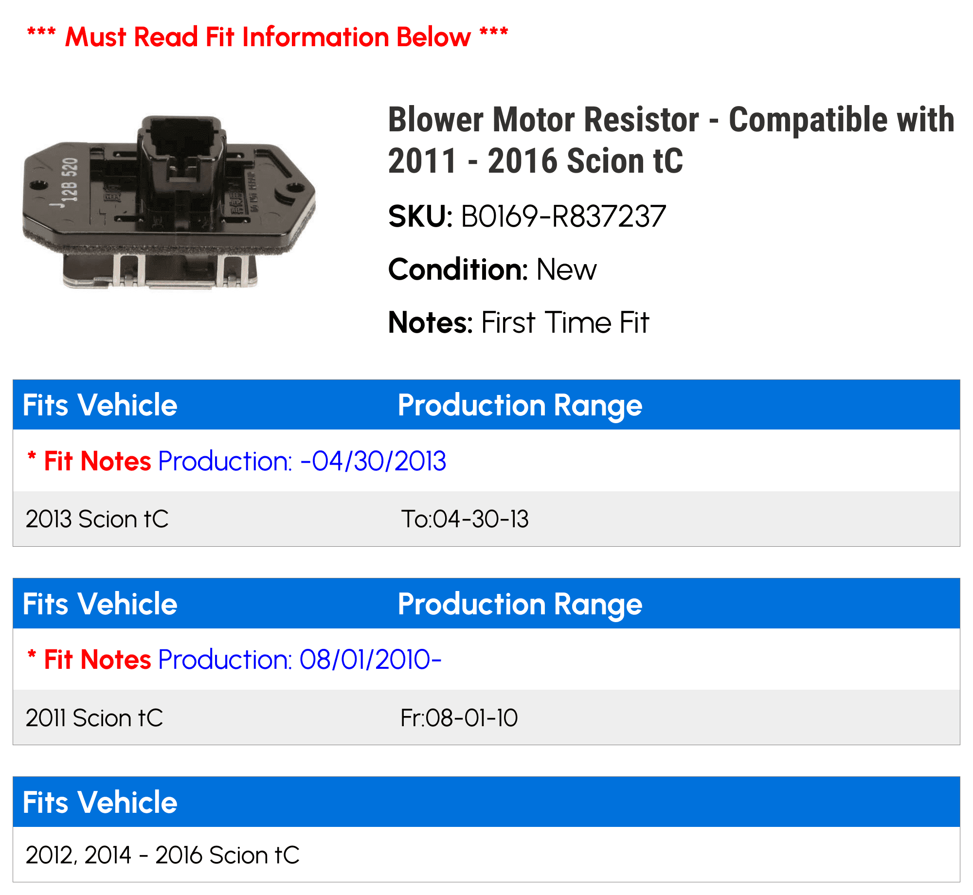 Blower Motor Resistor - Compatible with 2011 - 2016 Scion tC 2012 2013 2014 2015
