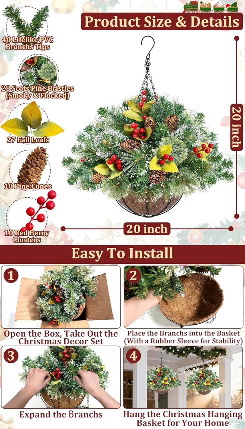 20 Inch Christmas Hanging Basket Decorations with 30LED Warm White & Multicolored Light, Remote Control, 8 Mode, Timer, Lifelike Scots Pine Bristles Hanging Christmas Decor