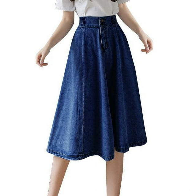 Falda vaquera para mujer - Verano 2025, cintura alta elástica, corte A, largo midi