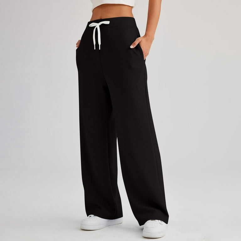 TQWQT Women's Petite Wide Leg Sweatpants Lightweight Aesthetic Open Bottom  Cozy Ladies Athletic Sweat Pants with Pockets Black XL