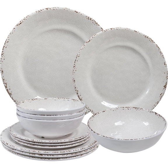 12-Piece Farmhouse-Style Melamine Dinnerware Set for 4 11 Inch Dinner Plates 9 Inch Salad Plates 7.5 Inch Bowls White