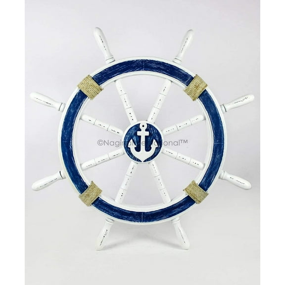 Wooden Ship Wheel With Rope (Antique Blue & White) - (24 Inches)