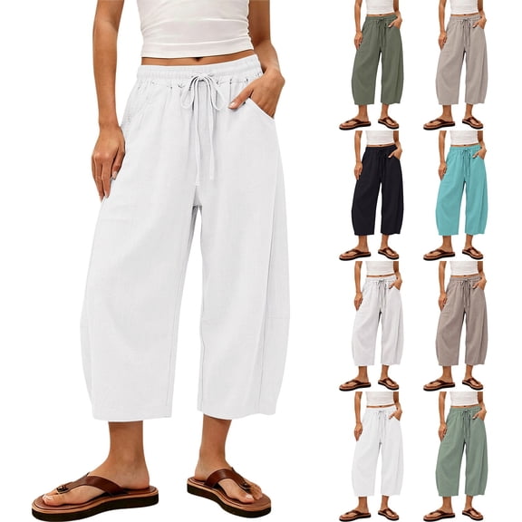 Women's Baggy Wide Leg Pants Casual Drawstring Sports Pants Loose Elastic Waist Cropped Summer Athletic Pants by Yigetop Beige L