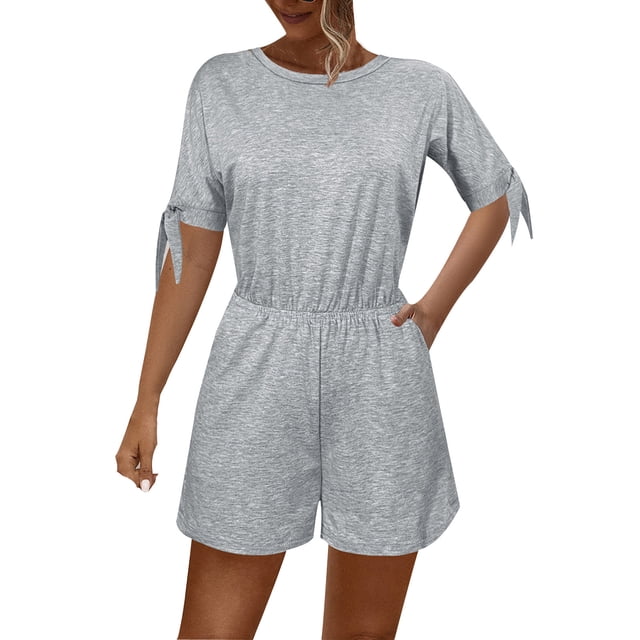 aidice Rompers for Women Summer Round Neck Short Sleeve Knot Elastic Waisted Homewear Shorts Jumpsuits