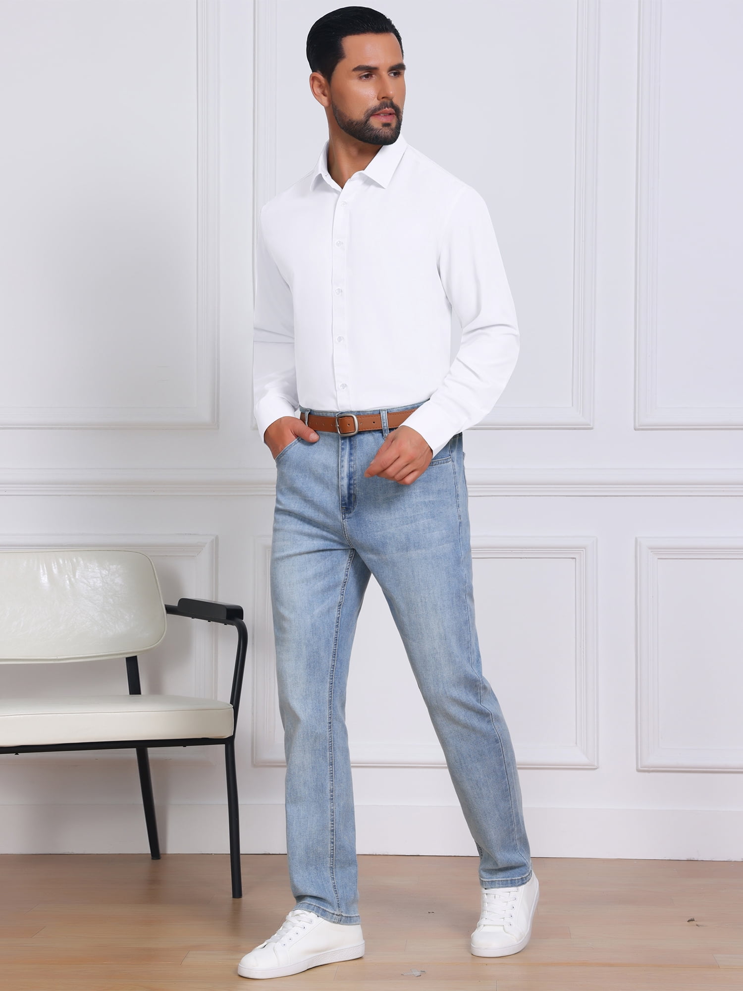 DARING DIVA Men's Solid Color Button Down Long Sleeves Stretch Shirts XL White