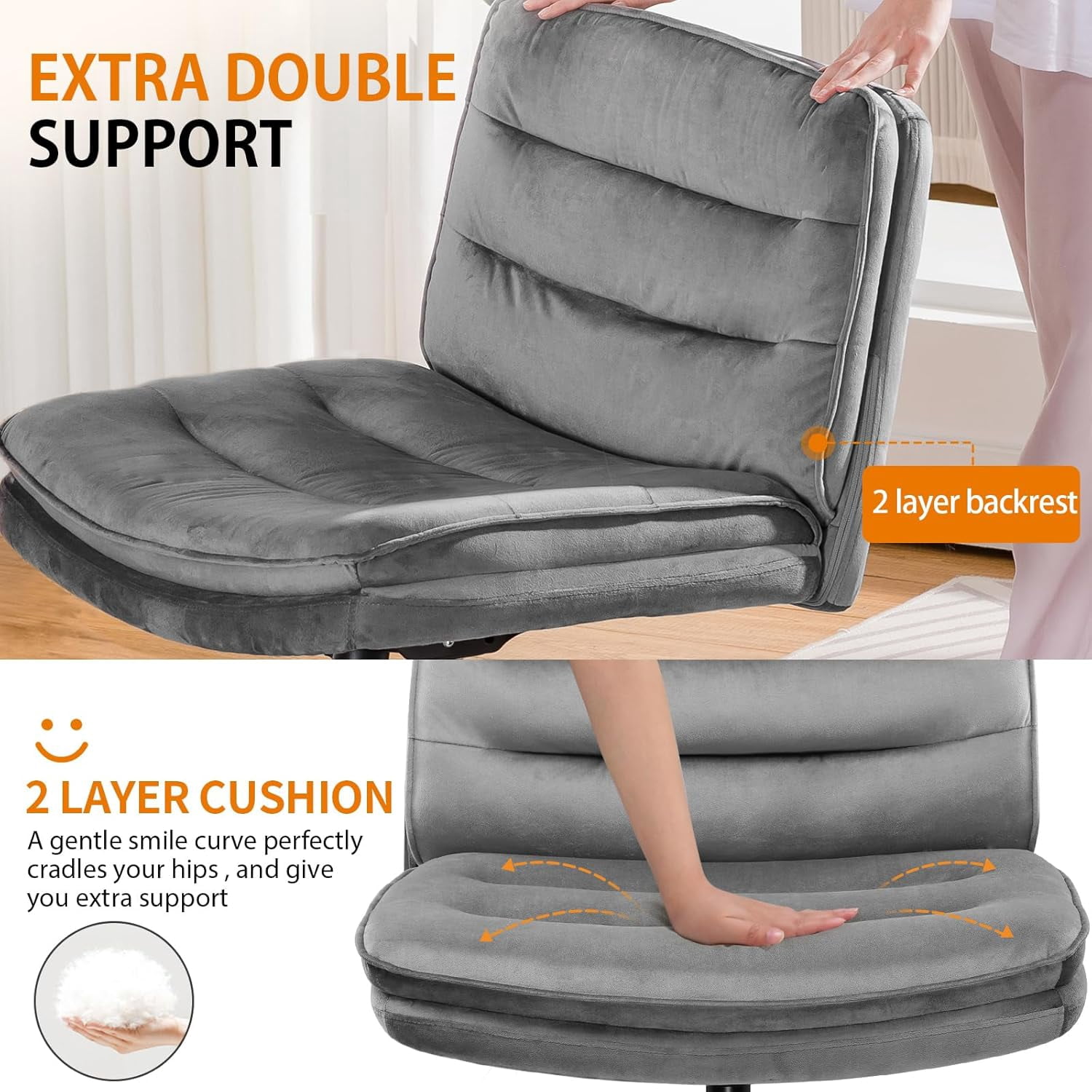 COMHOMA Armless Office Desk Chair with Wheels, Fabric Padded Cross Legged Office Chair, Modern Swivel Vanity Chair Height Adjustable Wide Seat Computer Task Chair, Gray
