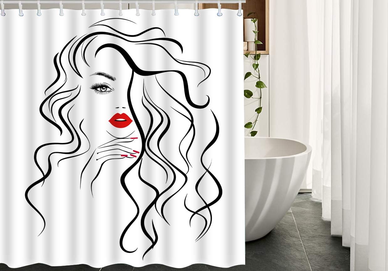 JOOCAR Sexy Lady Shower Curtains Fashion Girl with Long Curly Hair Red