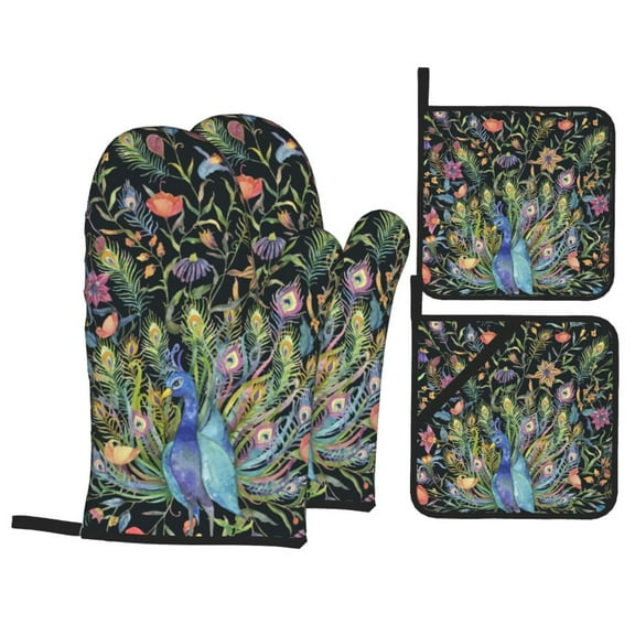 XMXT Heat Resistant Oven Mitts and Pot Holders Sets, Watercolor Flower Peacock Oven Mitt Hot Pads Kitchen Cooking BBQ Gloves, 4 Pcs