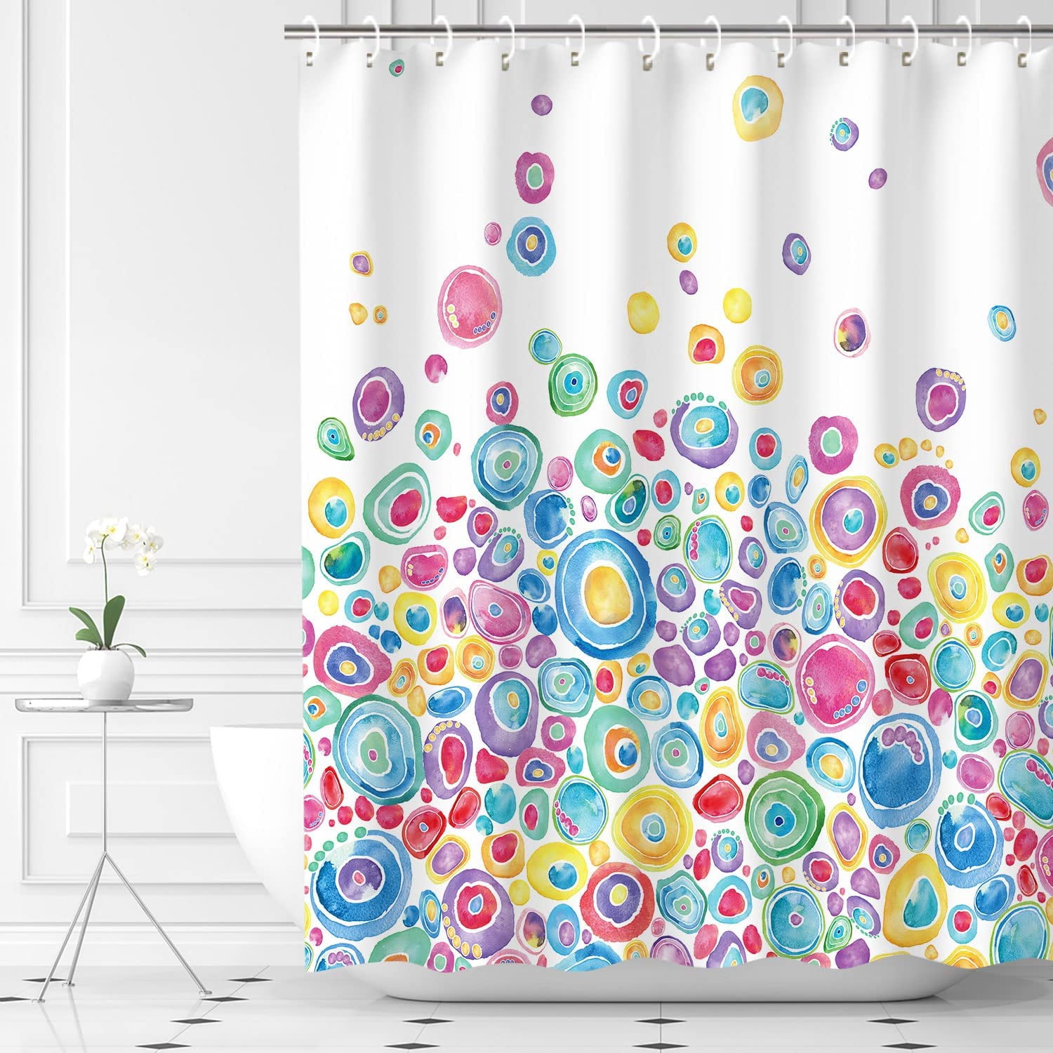 Colorful Shower Curtain, Kids Shower Curtain Rainbow Shower Curtain Hooks, Waterproof Funny Shower Curtains for Bathroom, Cute Red Polka Dot Circle Kids Bathroom Decor, 72Wx72H Inch