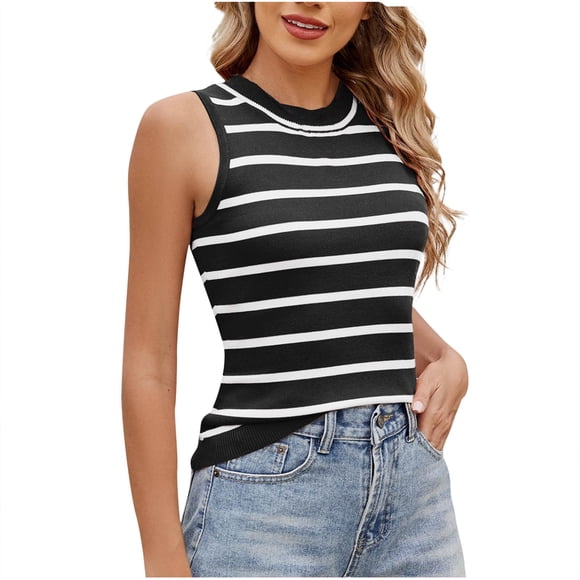 Sleeveless Knitted Sweater for Women, Round Neck Pullover Tank Top with Striped Pattern, Polyester-Spandex Blend, Casual Fashion Fit
