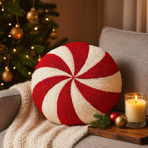 Fennco Styles Loop Tufted Candy Cane Christmas Filled Throw Pillow – 15" X 15" Round Red & White Peppermint Cushion for Winter Holiday Décor, Sofa, Couch, or Bed