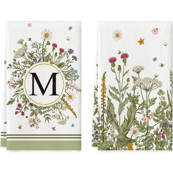 Monogram Letter M Antique Herbs and Wild Flowers Kitchen Towels Dish Towels, 18x26 Inch Family Last Name Decoration Hand Towels Set of 2