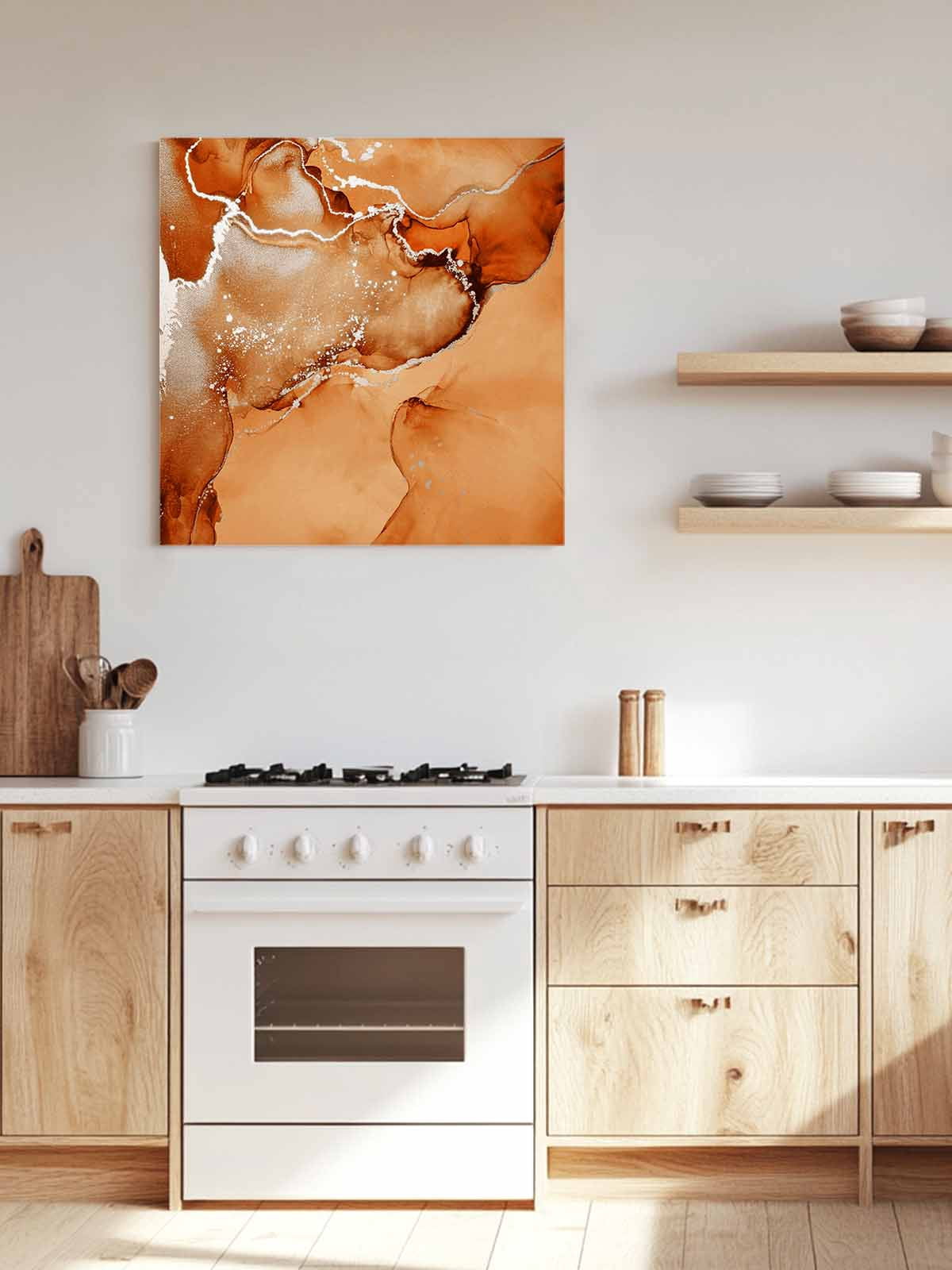Burnt Orange Abstract Canvas Wall Art, Silver Marble Ripples Luxury Fluid Art Framed Wall Decor Modern Artwork Prints Painting for Living Room, Bedroom, Kitchen & Cafe Decor 16x16 Inch