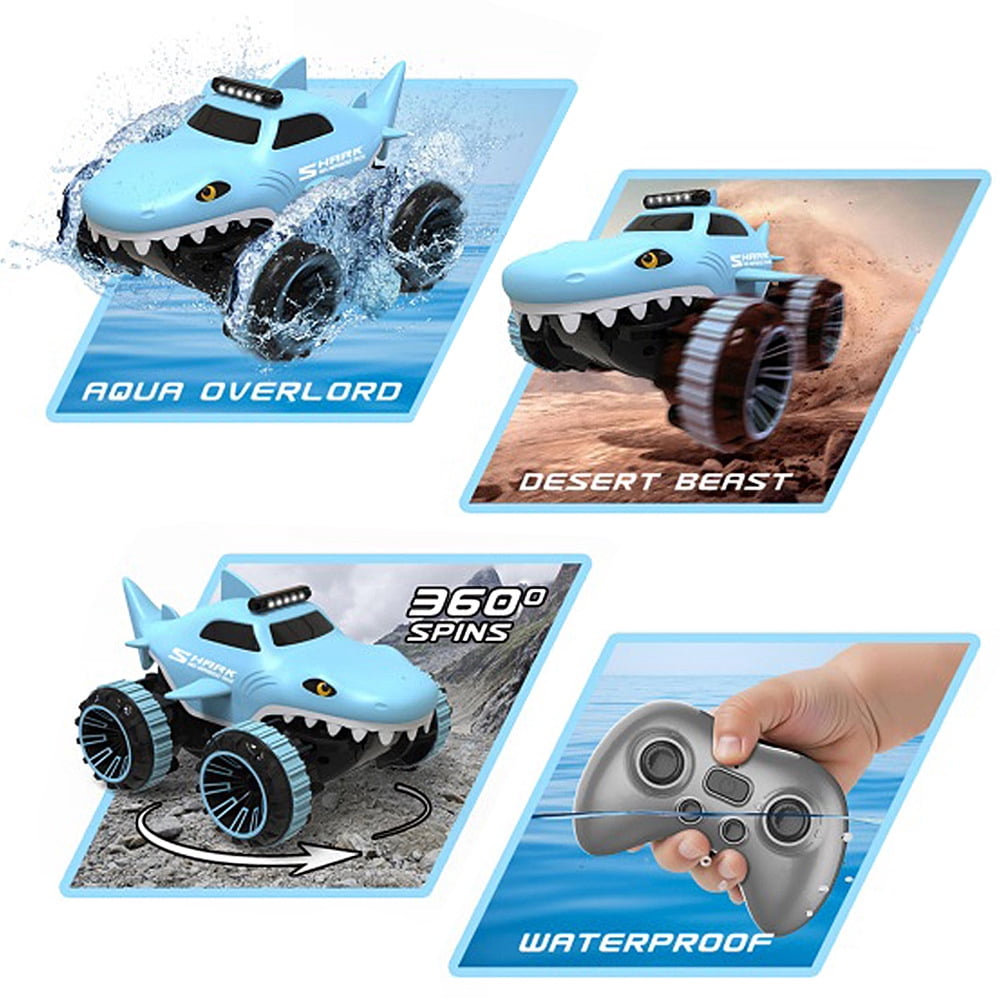 Aezusy RC Car Toy for Kids 2.4GHz Amphibious RC Monster Truck Rechargeable Waterproof Remote Control Shark Toy Gift with LED Lights for Boys Girls, Blue