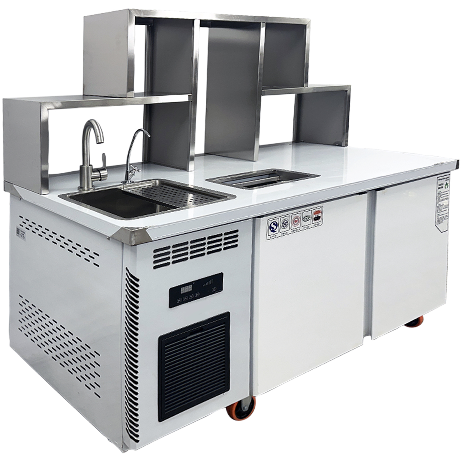 59" Refrigerated Water Bar Workstation with Sink, Shelves & Double Door Cooler, 110V R600A ,Commercial Prep Counter