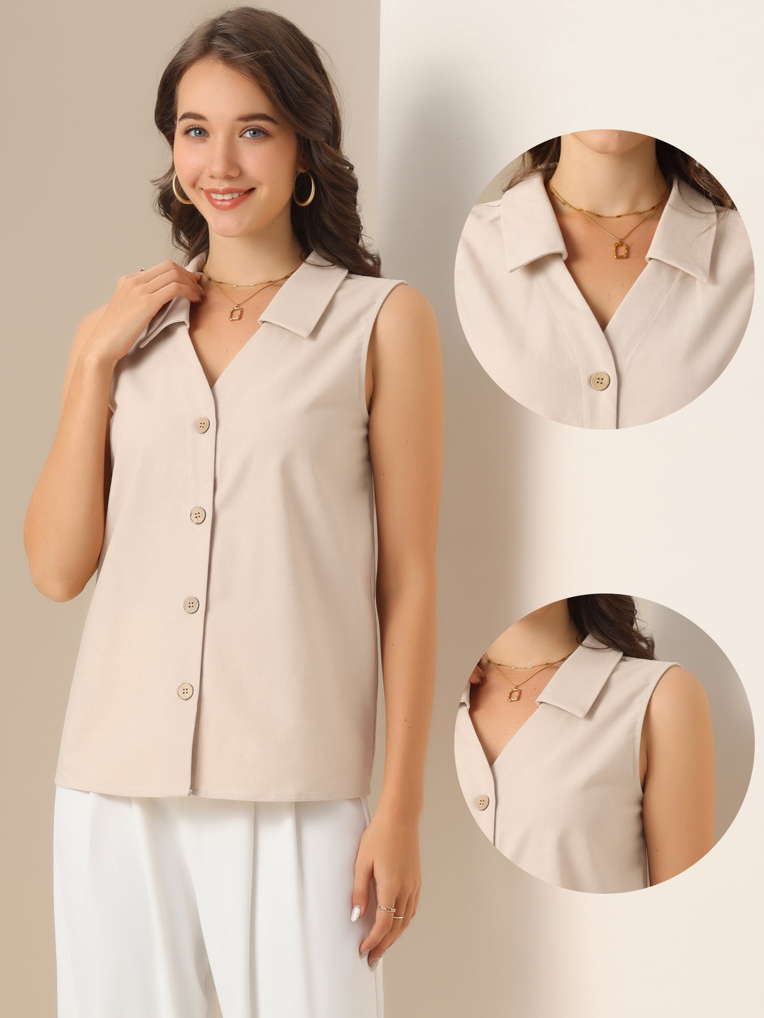 DARING DIVA Women's Button Down V Neck Sleeveless Top XL Apricot