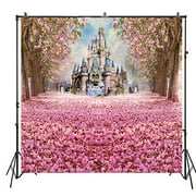 Muzi Photography Backdrop Fairy Tale Castle Beautiful Pink Woods Children Princess Girls Photo Booth Backdrop Studio Props with Flowers on The Floor in Spring 8x8ft W-314