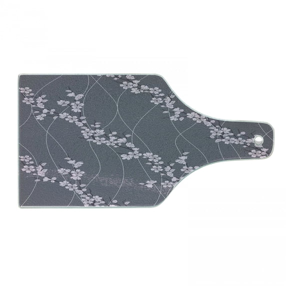 Floral Cutting Board, Spring Japanese Sakura Branches Full Blossom Modern Oriental Composition, Decorative Tempered Glass Cutting and Serving Board, Wine Bottle Shape, Taupe Pale Pink, by Ambesonne